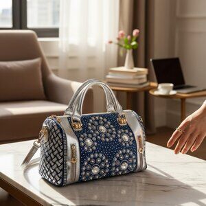 Modoker Silver And Denim Rhinestone Studs Cross Body Shoulder Satchel